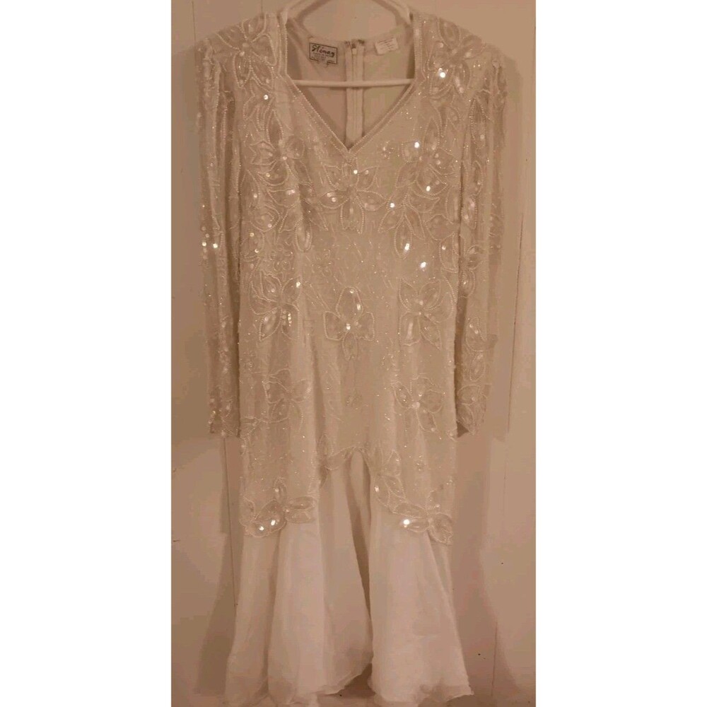 Vintage Stenay Beaded/Sequined Ivory Silk Formal Dress Wedding Gown Sz 8 Women